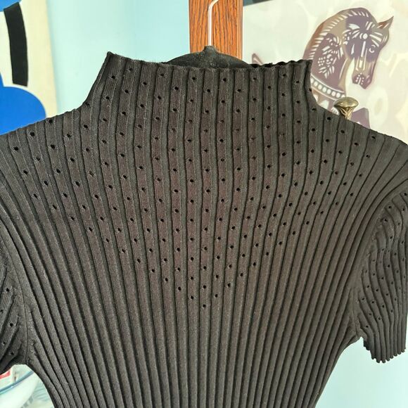 Truth by Republic Ribbed Black Short Sleeve Turtleneck with Pointelle Cut-Outs - Picture 3 of 7